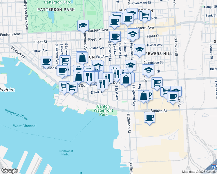 map of restaurants, bars, coffee shops, grocery stores, and more near 1107 South Ellwood Avenue in Baltimore