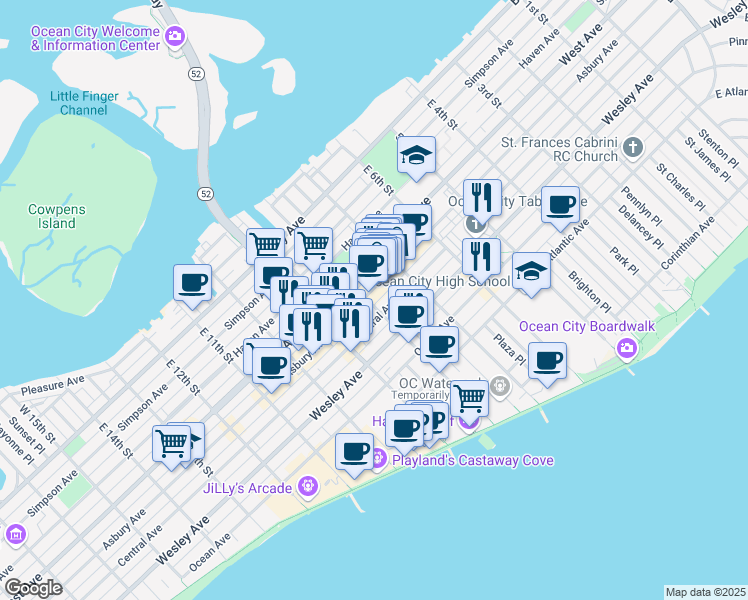 map of restaurants, bars, coffee shops, grocery stores, and more near 725 Asbury Avenue in Ocean City