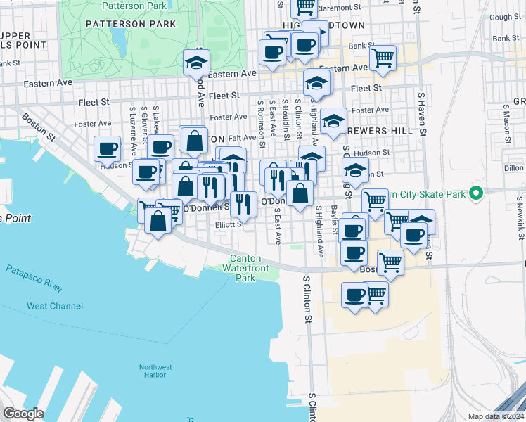 map of restaurants, bars, coffee shops, grocery stores, and more near 1106 South Robinson Street in Baltimore