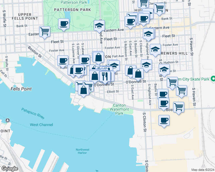 map of restaurants, bars, coffee shops, grocery stores, and more near 2917 O'Donnell St in Baltimore