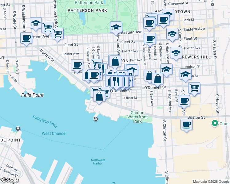 map of restaurants, bars, coffee shops, grocery stores, and more near 2819 O Donnell Street in Baltimore