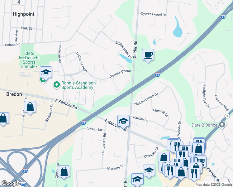 map of restaurants, bars, coffee shops, grocery stores, and more near 11652 Chancery Lane in Cincinnati