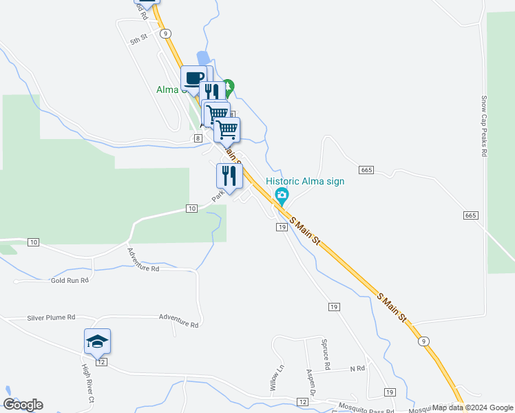 map of restaurants, bars, coffee shops, grocery stores, and more near 112 West 1st Avenue in Alma