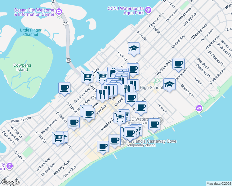 map of restaurants, bars, coffee shops, grocery stores, and more near 749 West Avenue in Ocean City