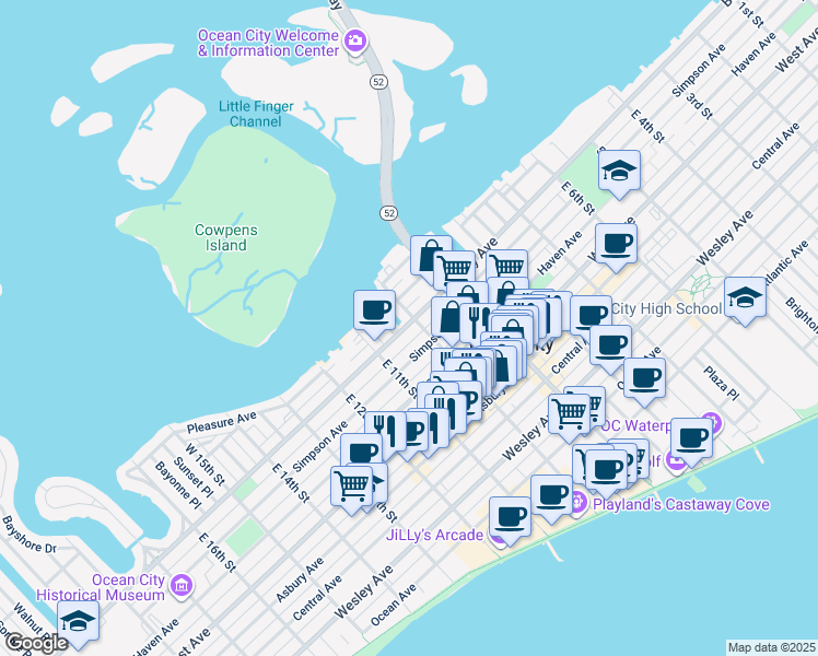 map of restaurants, bars, coffee shops, grocery stores, and more near 22 West 10th Street in Ocean City