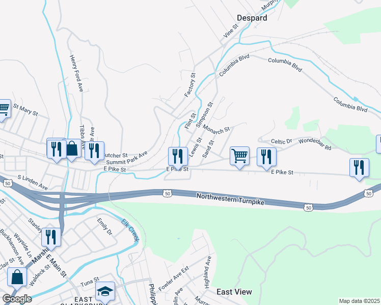 map of restaurants, bars, coffee shops, grocery stores, and more near 115 Simpson Street in Clarksburg