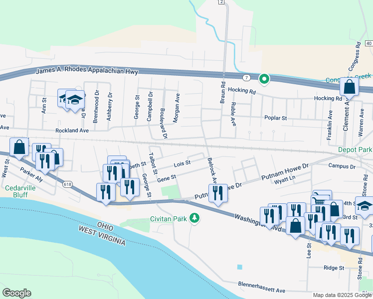 map of restaurants, bars, coffee shops, grocery stores, and more near 1517 Boulevard Drive in Belpre