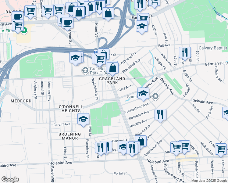map of restaurants, bars, coffee shops, grocery stores, and more near in Baltimore