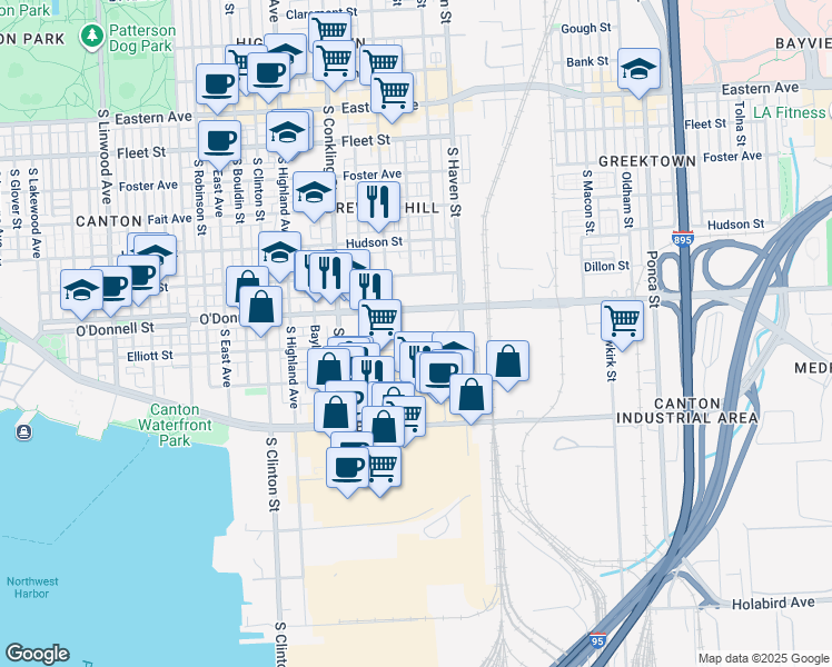 map of restaurants, bars, coffee shops, grocery stores, and more near 1211 South Eaton Street in Baltimore
