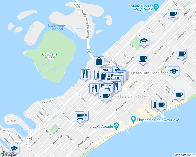 map of restaurants, bars, coffee shops, grocery stores, and more near 9 East 10th Street in Ocean City
