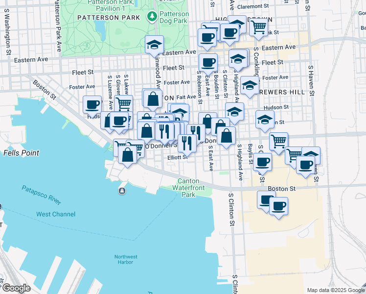 map of restaurants, bars, coffee shops, grocery stores, and more near 3011 O Donnell Street in Baltimore