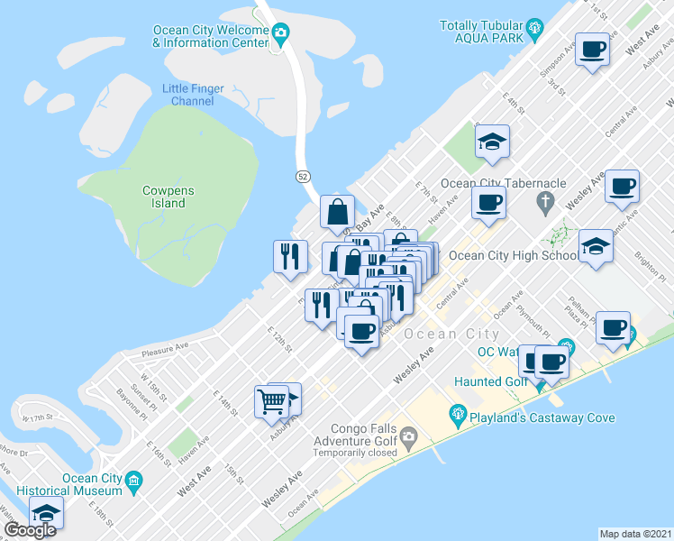 map of restaurants, bars, coffee shops, grocery stores, and more near 9 East 10th Street in Ocean City