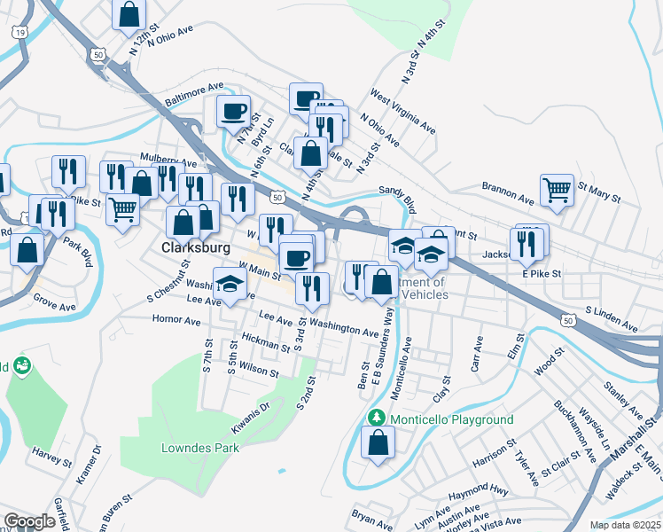 map of restaurants, bars, coffee shops, grocery stores, and more near 205 West Pike Street in Clarksburg