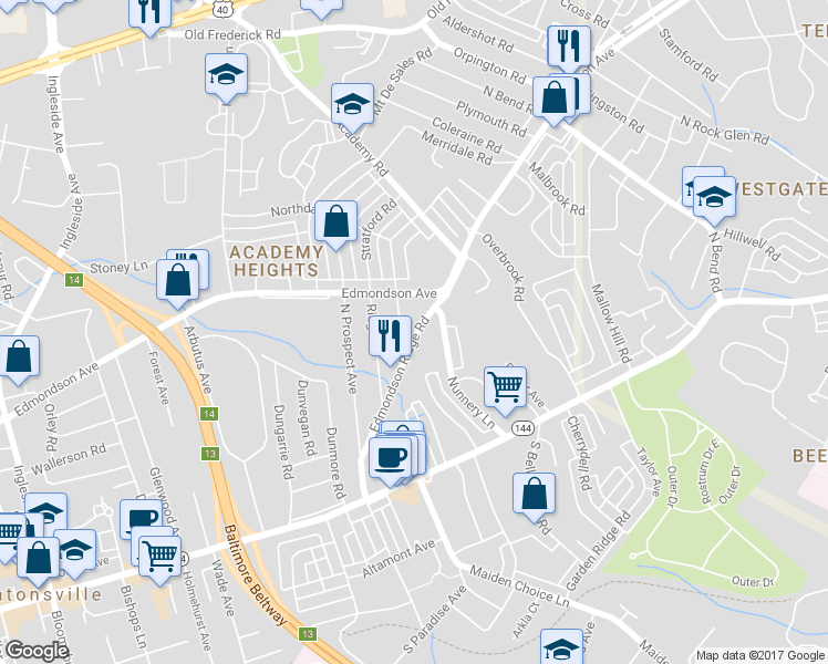 map of restaurants, bars, coffee shops, grocery stores, and more near 8 Edmondson Ridge Road in Catonsville