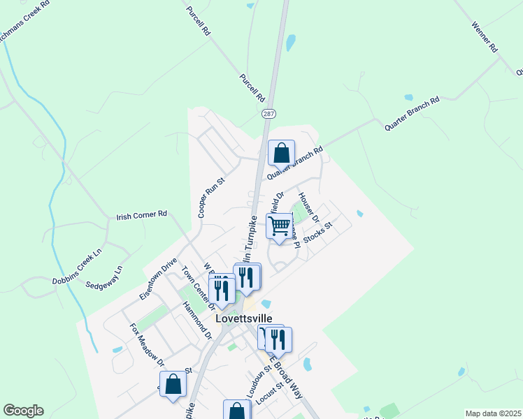 map of restaurants, bars, coffee shops, grocery stores, and more near 34 Berlin Pike in Lovettsville