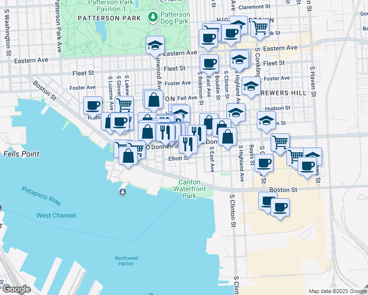 map of restaurants, bars, coffee shops, grocery stores, and more near 3011 O Donnell Street in Baltimore
