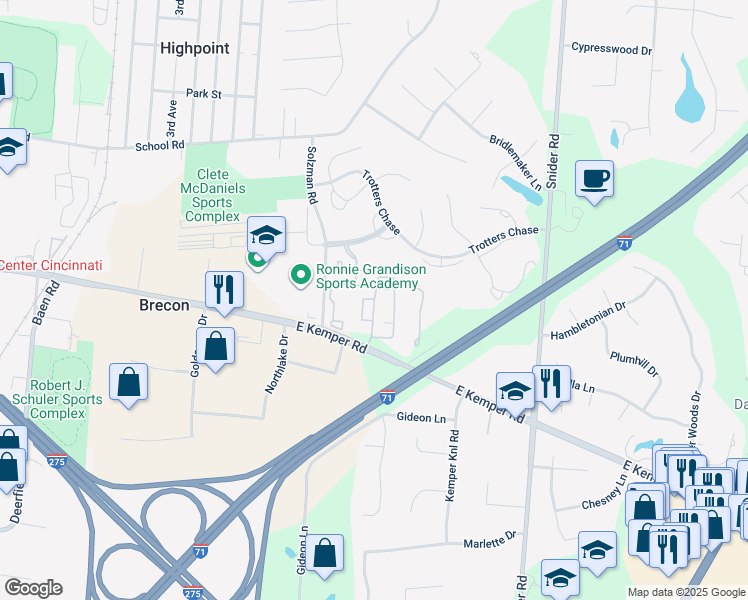 map of restaurants, bars, coffee shops, grocery stores, and more near 8140 Walcot Lane in Cincinnati