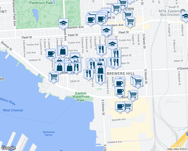 map of restaurants, bars, coffee shops, grocery stores, and more near 1103 SE Ave in Baltimore