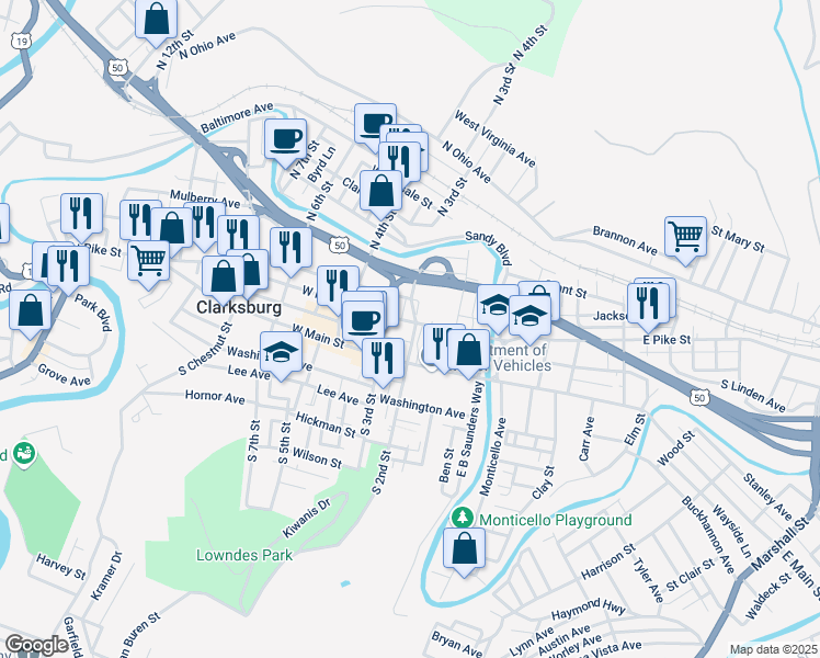 map of restaurants, bars, coffee shops, grocery stores, and more near 205 West Pike Street in Clarksburg