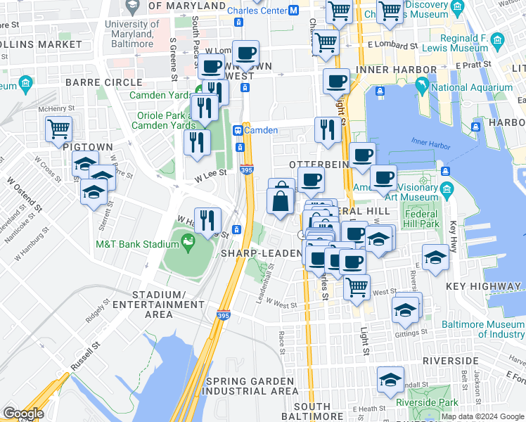 map of restaurants, bars, coffee shops, grocery stores, and more near 816 South Sharp Street in Baltimore