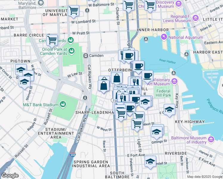 map of restaurants, bars, coffee shops, grocery stores, and more near 730 South Hanover Street in Baltimore