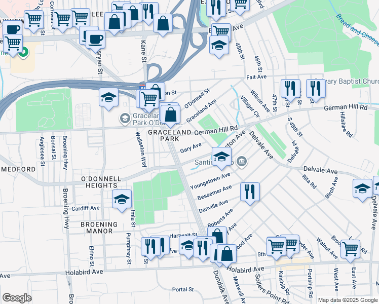 map of restaurants, bars, coffee shops, grocery stores, and more near 6707 Gary Avenue in Baltimore
