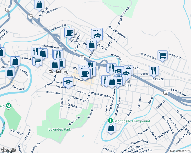 map of restaurants, bars, coffee shops, grocery stores, and more near 205 West Pike Street in Clarksburg