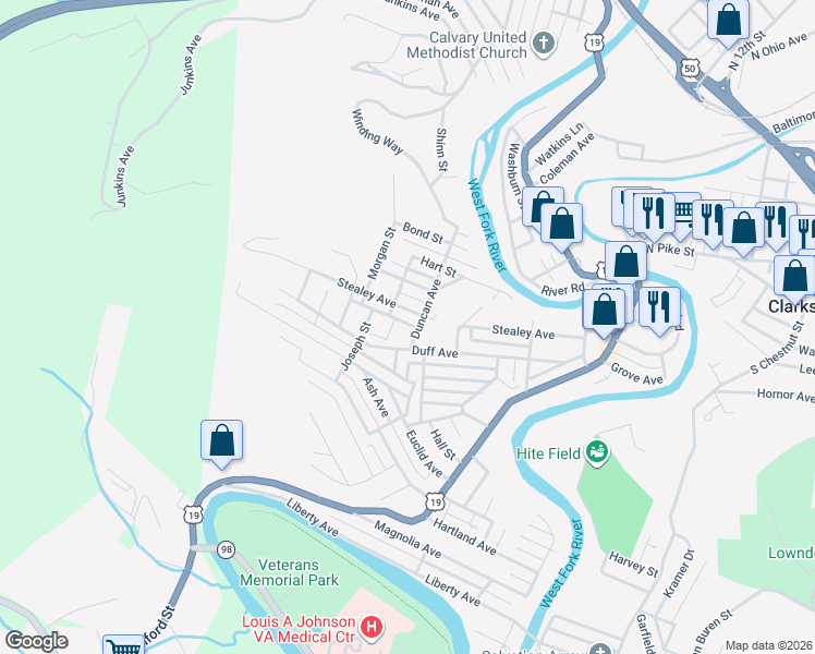 map of restaurants, bars, coffee shops, grocery stores, and more near 615 Stealey Avenue in Clarksburg