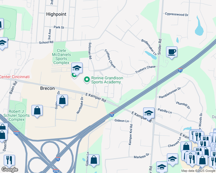 map of restaurants, bars, coffee shops, grocery stores, and more near 8140 Walcot Lane in Cincinnati