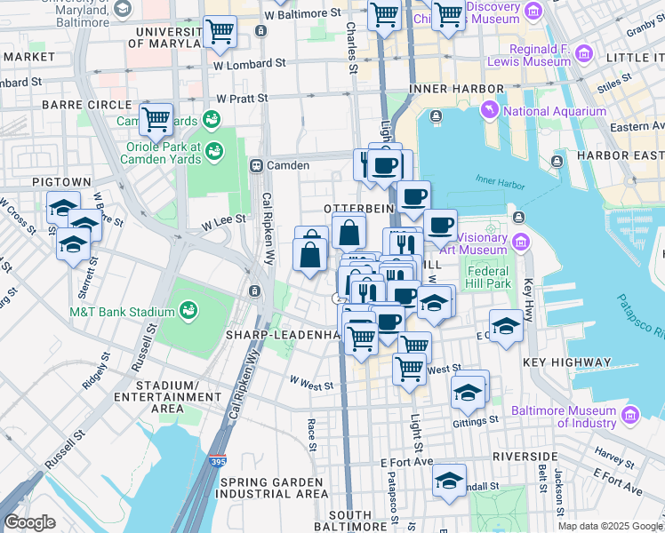 map of restaurants, bars, coffee shops, grocery stores, and more near 730 South Hanover Street in Baltimore