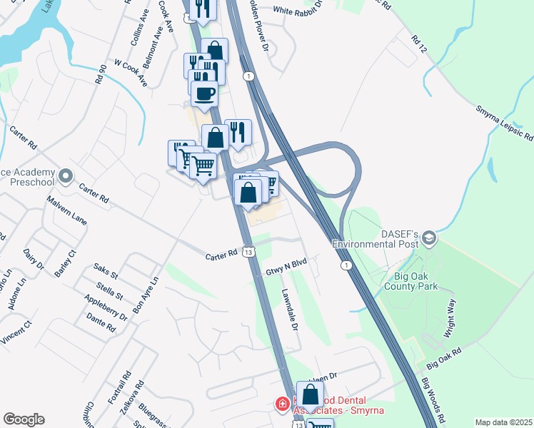 map of restaurants, bars, coffee shops, grocery stores, and more near 215 Stadium Street in Smyrna