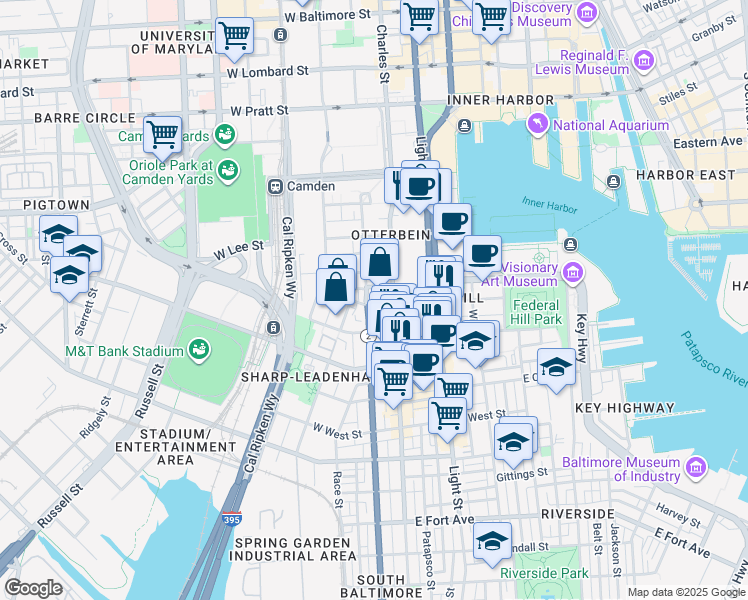 map of restaurants, bars, coffee shops, grocery stores, and more near 32 West Montgomery Street in Baltimore