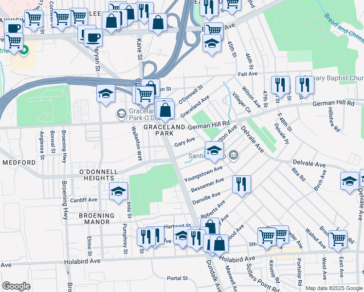 map of restaurants, bars, coffee shops, grocery stores, and more near 6705 Gary Avenue in Baltimore