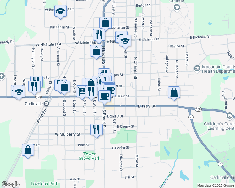 map of restaurants, bars, coffee shops, grocery stores, and more near 131 East 1st North Street in Carlinville