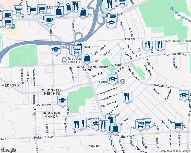 map of restaurants, bars, coffee shops, grocery stores, and more near 6705 Gary Avenue in Baltimore
