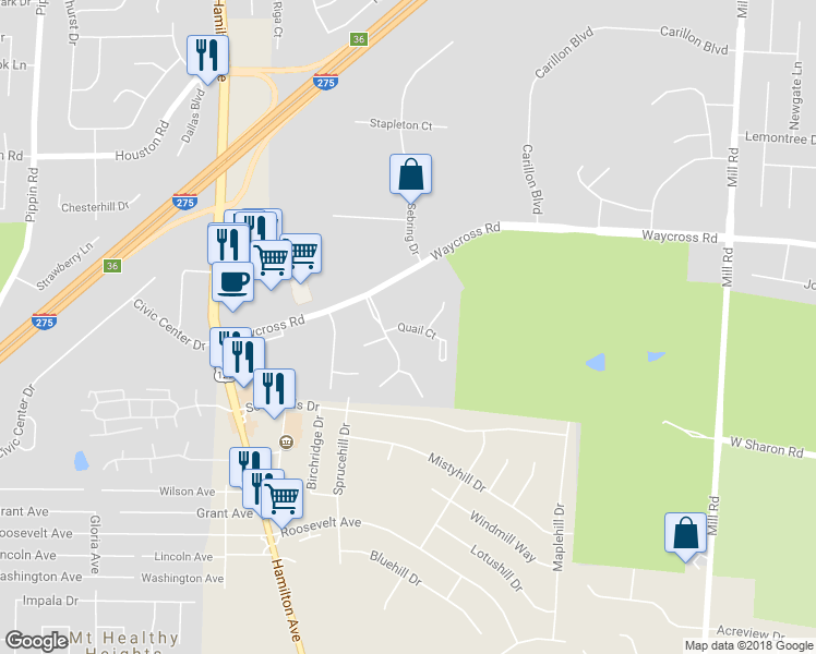 map of restaurants, bars, coffee shops, grocery stores, and more near 2099 Quail Court in Cincinnati