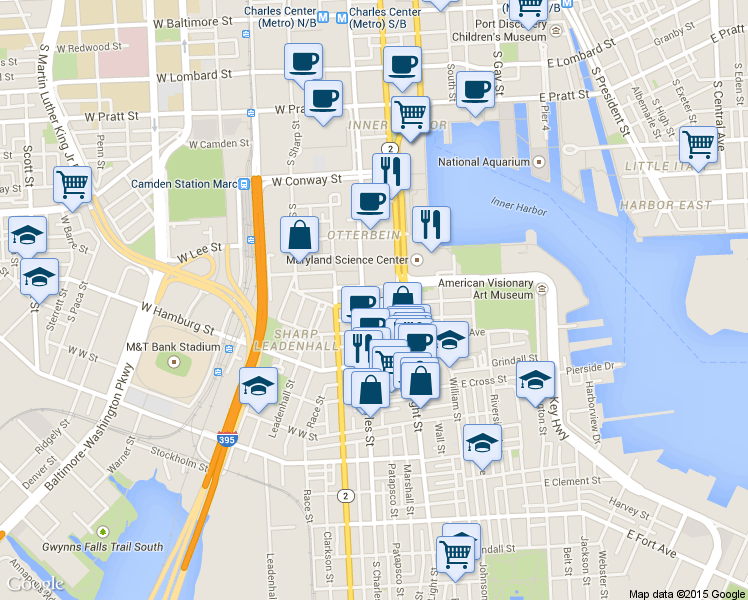 map of restaurants, bars, coffee shops, grocery stores, and more near 14 East Montgomery Street in Baltimore
