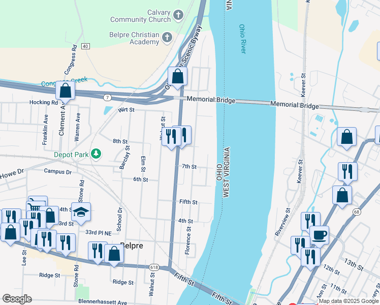 map of restaurants, bars, coffee shops, grocery stores, and more near 800 Main Street in Belpre