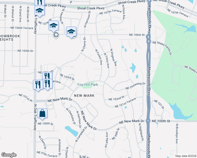 map of restaurants, bars, coffee shops, grocery stores, and more near 10230 North Forest Avenue in Kansas City