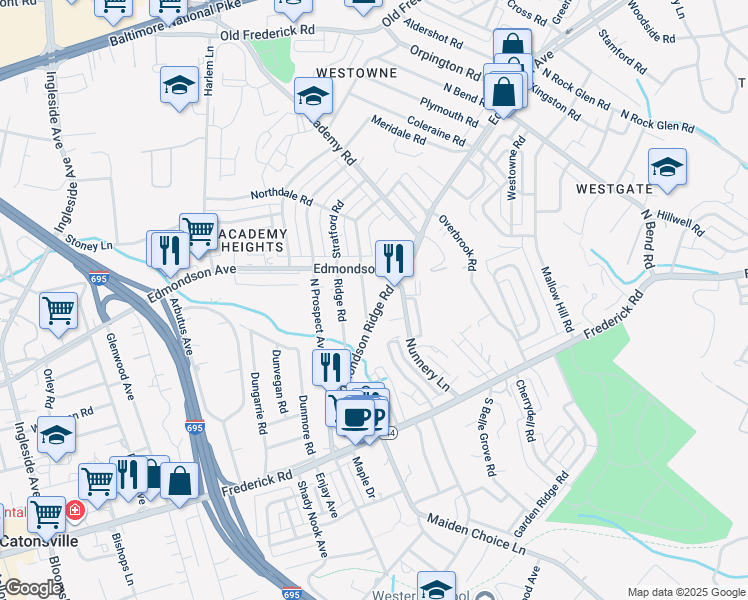 map of restaurants, bars, coffee shops, grocery stores, and more near 8 Edmondson Ridge Road in Catonsville