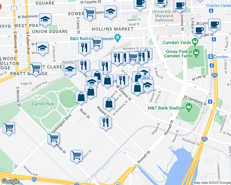 map of restaurants, bars, coffee shops, grocery stores, and more near Cleveland Street in Baltimore
