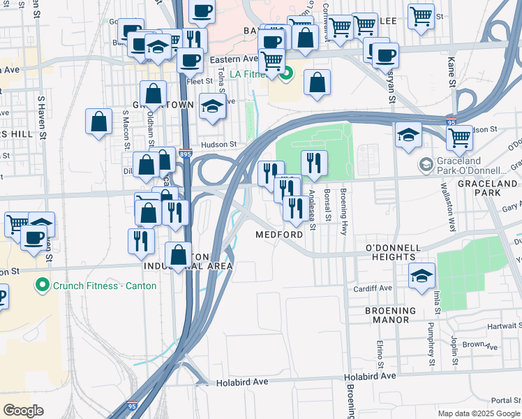 map of restaurants, bars, coffee shops, grocery stores, and more near 5400 O Donnell Street in Baltimore