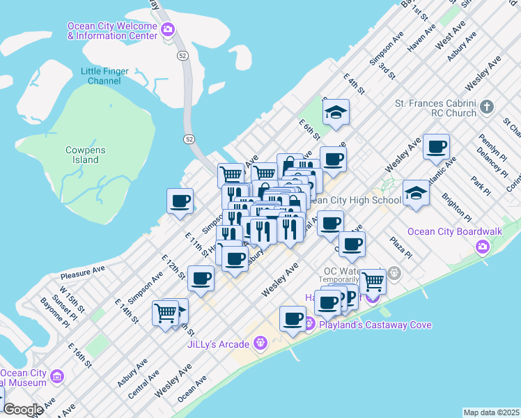 map of restaurants, bars, coffee shops, grocery stores, and more near 800 West Avenue in Ocean City