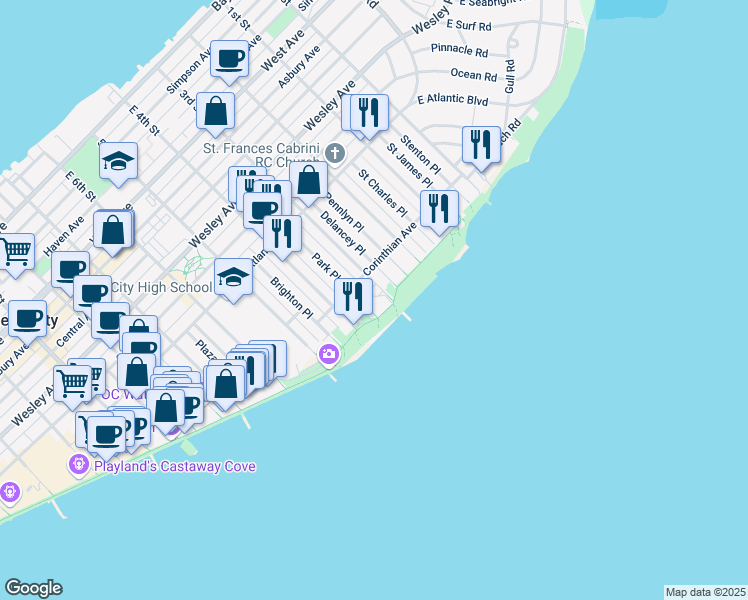 map of restaurants, bars, coffee shops, grocery stores, and more near 309 Corinthian Avenue in Ocean City