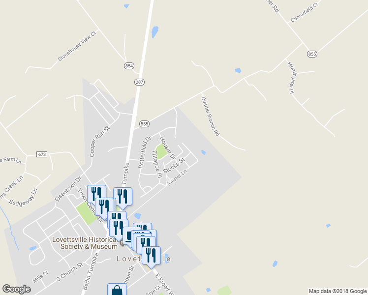 map of restaurants, bars, coffee shops, grocery stores, and more near 45 Stocks Street in Lovettsville