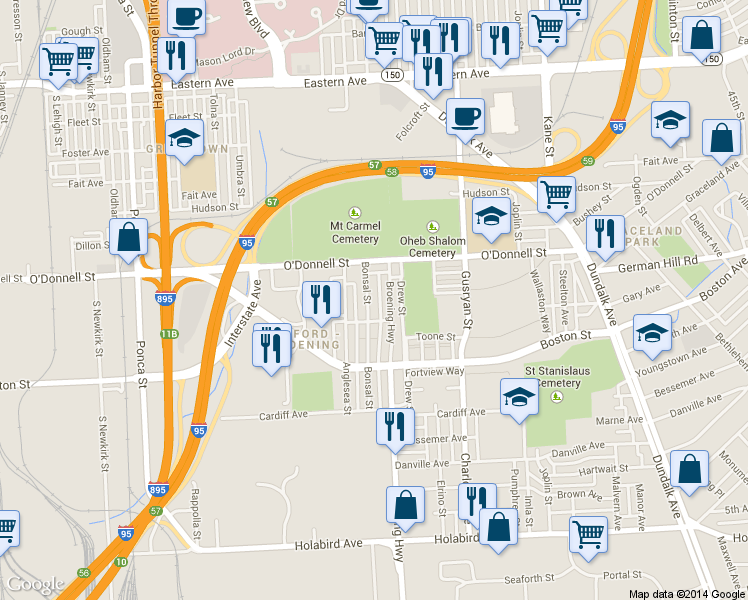 map of restaurants, bars, coffee shops, grocery stores, and more near 1123 Bonsal Street in Baltimore