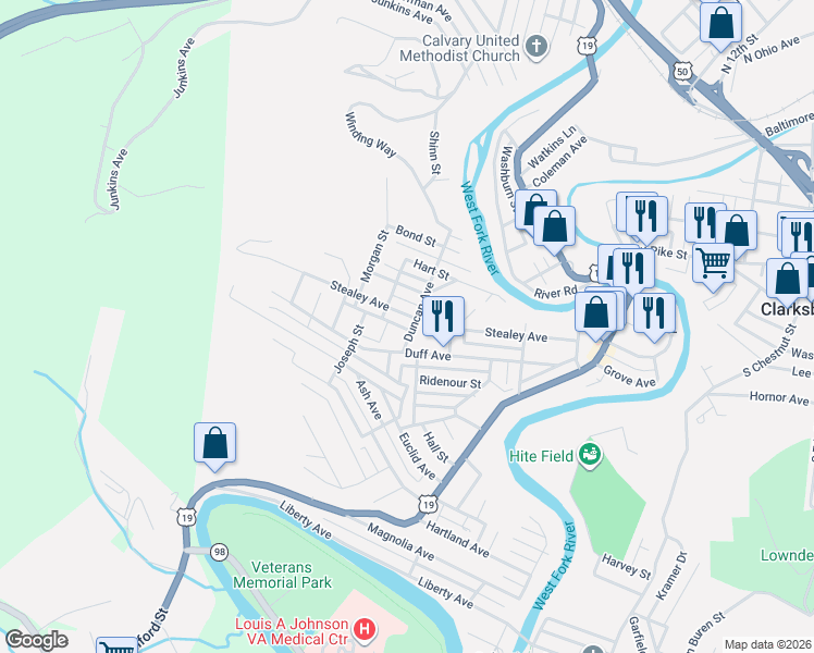 map of restaurants, bars, coffee shops, grocery stores, and more near 413 Duncan Avenue in Clarksburg