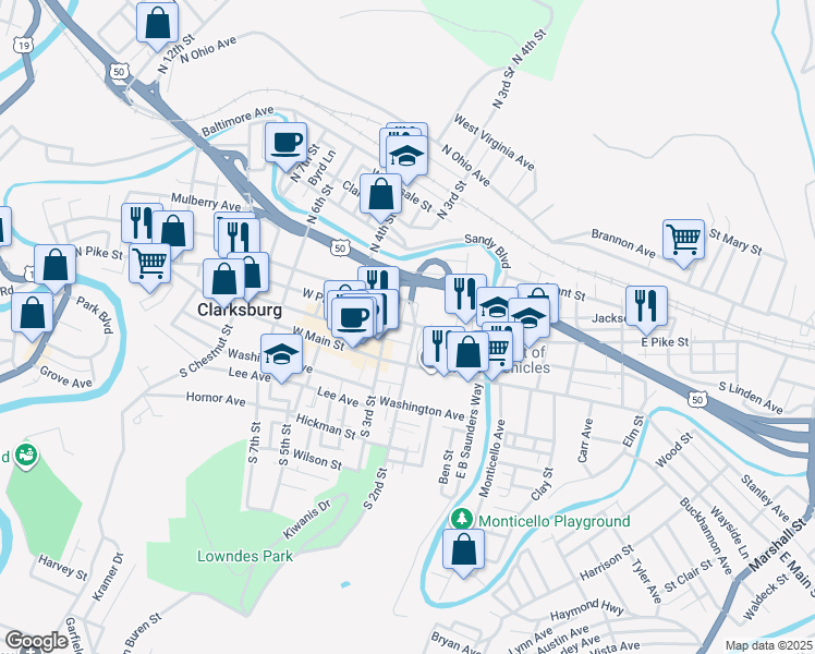 map of restaurants, bars, coffee shops, grocery stores, and more near 205 West Pike Street in Clarksburg