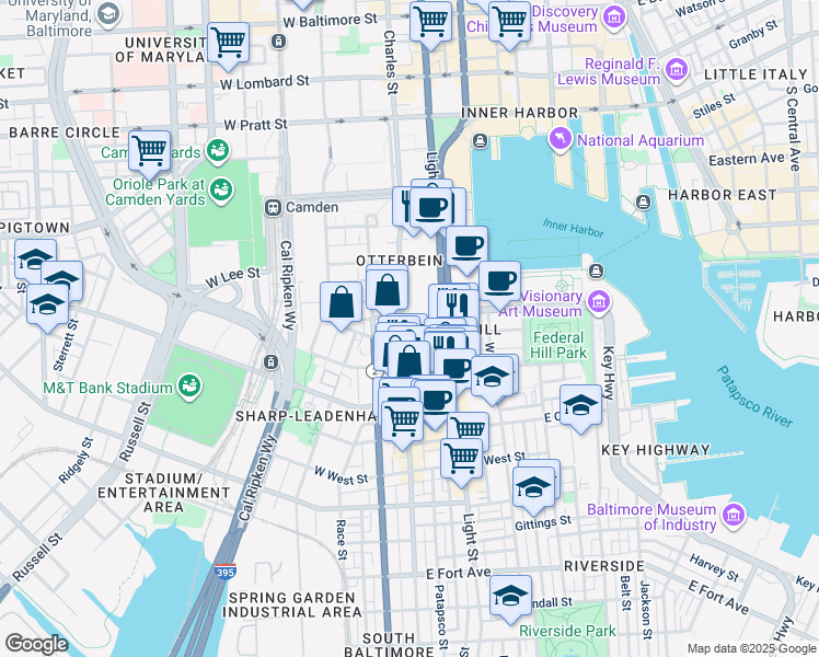 map of restaurants, bars, coffee shops, grocery stores, and more near 8 East Montgomery Street in Baltimore