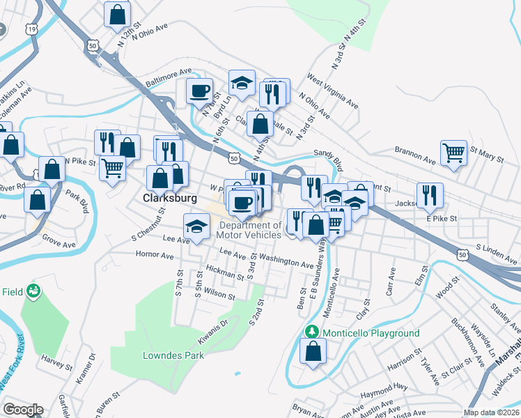 map of restaurants, bars, coffee shops, grocery stores, and more near 205 West Pike Street in Clarksburg